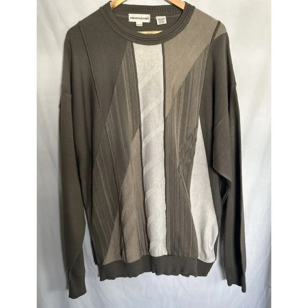 VTG 80s 90s Pronto Uomo Pullover Sweater Mens XL Long Sleeve Beige Tan Cream USA